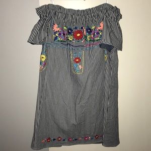 Embroidered striped off the shoulder dress
